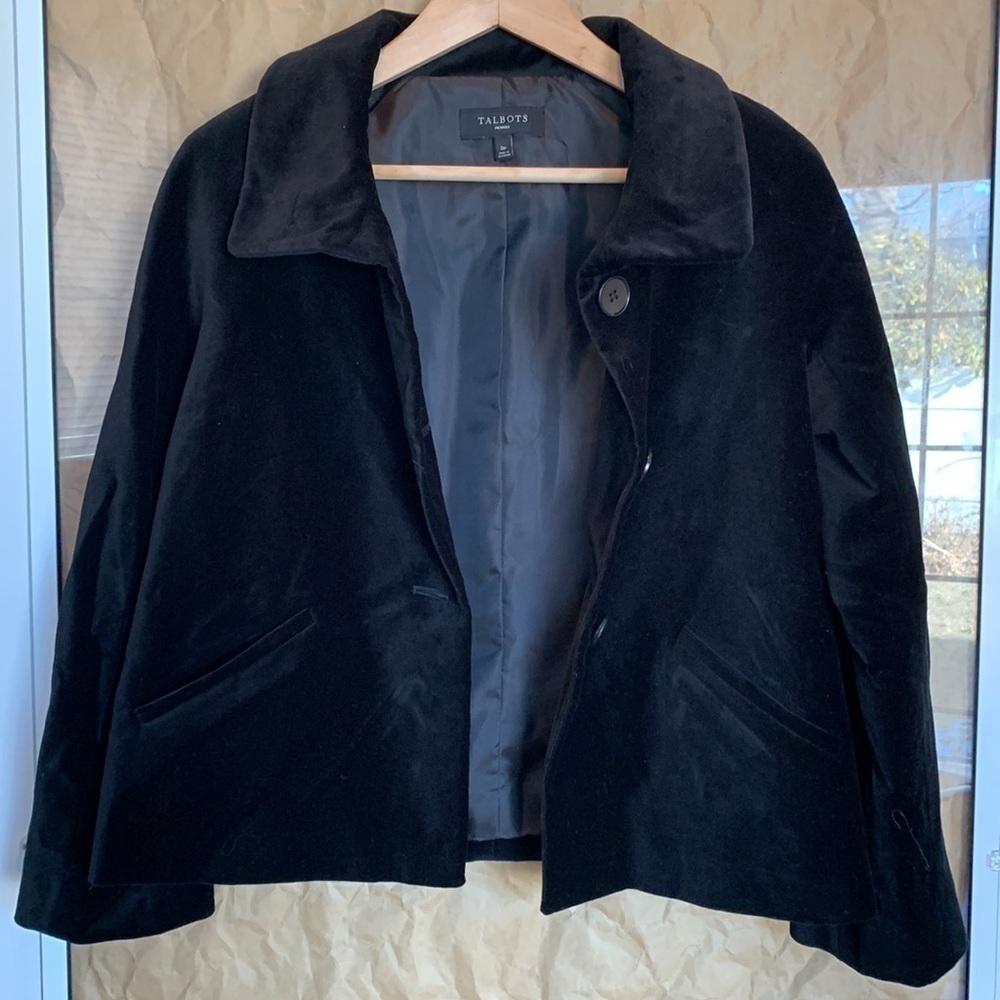 Talbots Petites | Cotton Black Velvet Button Pocket Fully Lined Blazer Jacket 0P - Picture 14 of 16